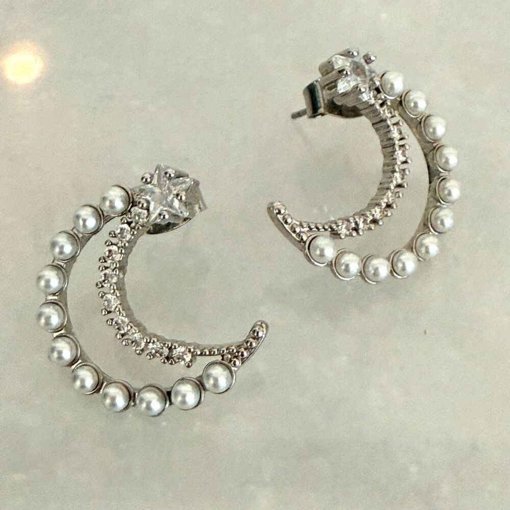 Vintage Anthropologie Crescent Moon & Star Faux Pearl Rhinestones Stud Earrings
